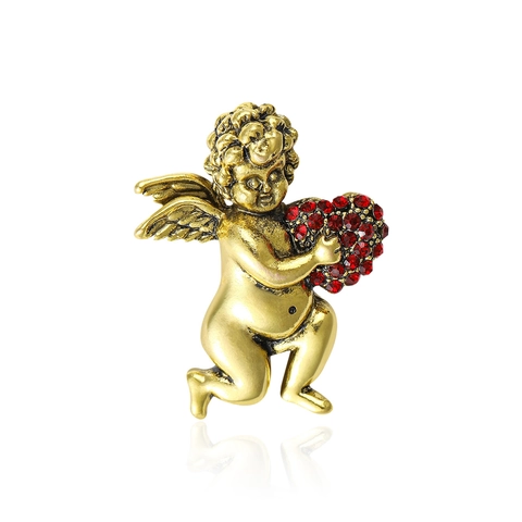 Broche de Aleación Vintage Ángel Cupido Con Corazón Rojo Diamantes de Imitación Pin Creativo Romántico Joyería San Valentín Mujer