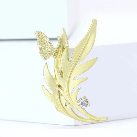 Elegante Mattgold Blatt Schmetterling Brosche Für Damen Emaille Strass Dekorative Nadel Minimalistisch Natur Stil Modeschmuck