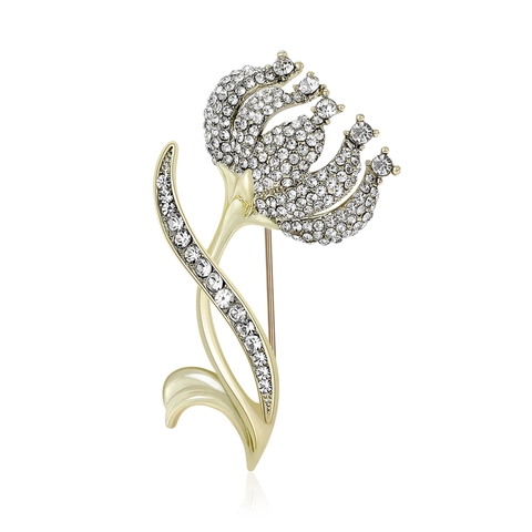 Elegant Tulip Flower Brooch For Women Alloy Rhinestone Inlaid Pin For Suit Coat Jacket Fashion Accessories Gold Silver
