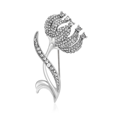 Elegant Tulip Flower Brooch For Women Alloy Rhinestone Inlaid Pin For Suit Coat Jacket Fashion Accessories Gold Silver