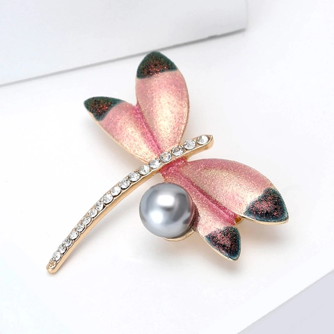Elegant Alloy Dragonfly Brooch With Pink Enamel Rhinestones And Grey Artificial Pearl Fashion Jewelry For Women Suits