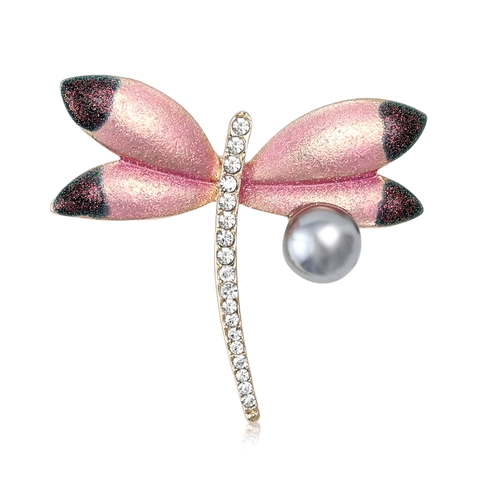 Elegant Alloy Dragonfly Brooch With Pink Enamel Rhinestones And Grey Artificial Pearl Fashion Jewelry For Women Suits