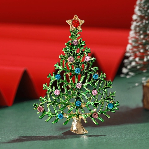 Weihnachtsbaum Brosche Für Damen Legierung Emaille Bunte Strasssteine Hohles Design Vergoldet Festlicher Party Schmuck Geschenk