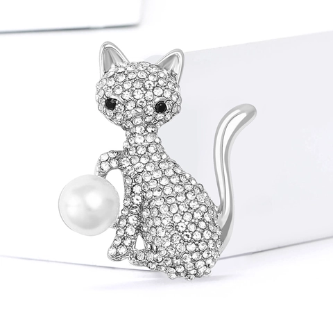 Mode Legierung Strass Katze Brosche Mit Weißen Künstliche Perlen Süße Tier Sicherheitsnadel Für Damen Pullover Strickjacke Schmuck Geschenk