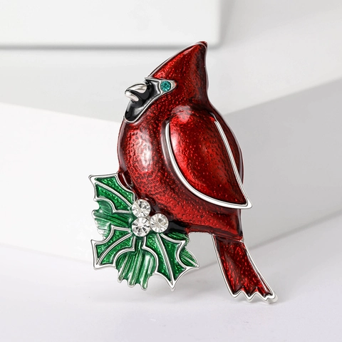 Spilla a Forma di Cardinale Rosso in Smalto per Donna Lega Strass Foglia di Agrifoglio Natale Animale Corsage Pin Gioielli Vacanze Invernali