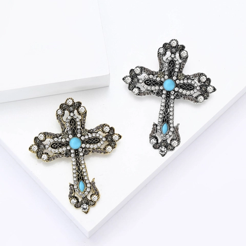 Vintage Alloy Rhinestone Cross Brooch Retro Hollow Out Suit Lapel Pin Artificial Turquoise Inlaid Jewelry For Men Women