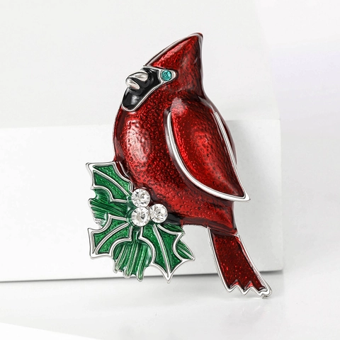 Red Enamel Cardinal Bird Brooch With Green Holly Leaves Rhinestone Alloy Festive Animal Breastpin For Women Christmas Jewelry
