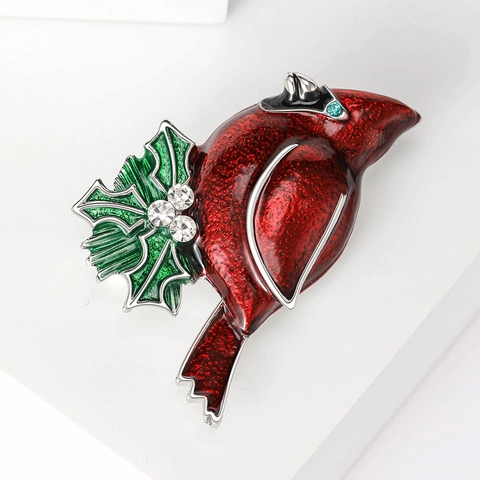 Red Enamel Cardinal Bird Brooch With Green Holly Leaves Rhinestone Alloy Festive Animal Breastpin For Women Christmas Jewelry