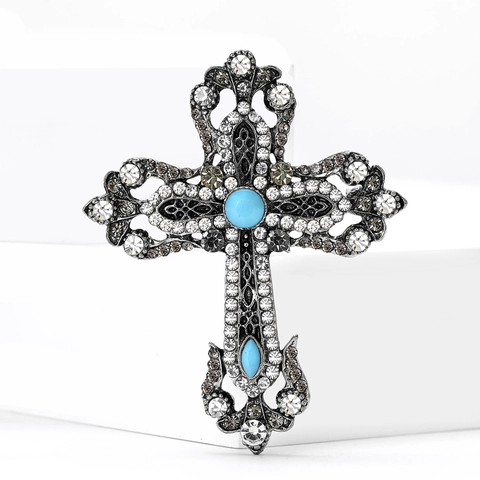 Vintage Alloy Rhinestone Cross Brooch Retro Hollow Out Suit Lapel Pin Artificial Turquoise Inlaid Jewelry For Men Women