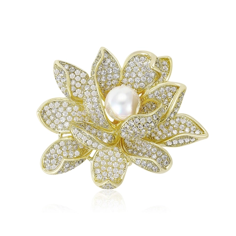 Elegante Broche de Flor de Loto de Cobre Con Micro-Circonia y Perla Artificial para Mujer Joyería de Moda Coreana Pin