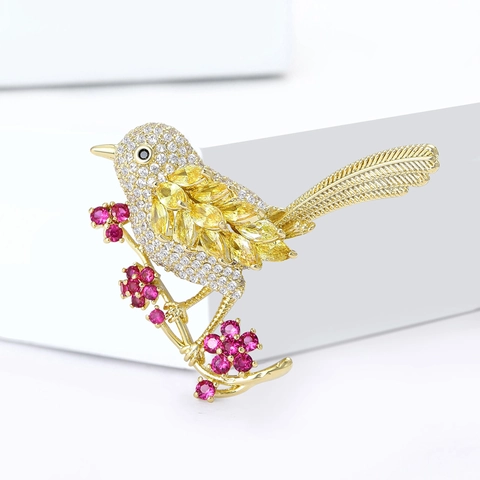 Fashion Copper Zirconia Bird Brooch For Women Elegant Animal Flower Pin Gold Plated Bird On Branch Brooch Jewelry Gift