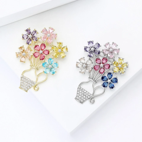 Elegant Copper Multicolor Zirconia Flower Basket Brooch For Women Creative Vase Design Suit Pin Jewelry Clothing Accessory