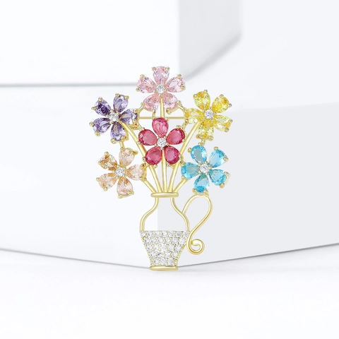 Elegant Copper Multicolor Zirconia Flower Basket Brooch For Women Creative Vase Design Suit Pin Jewelry Clothing Accessory