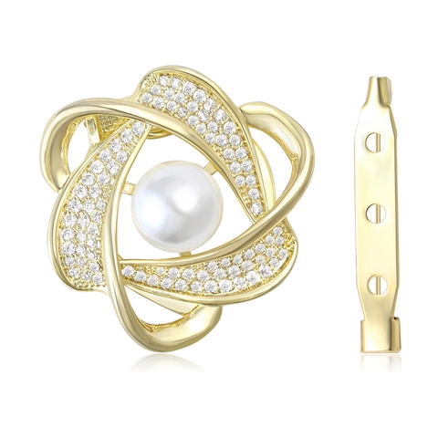 Elegante Spilla a Forma di Fiore in Rame Placcato Oro Con Perla Artificiale e Zirconia Fibbia per Sciarpa da Donna