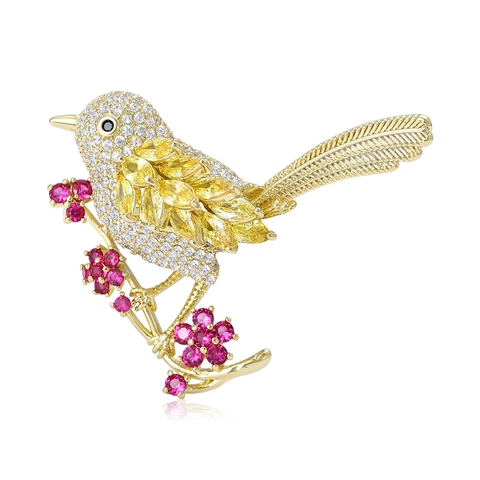 Fashion Copper Zirconia Bird Brooch For Women Elegant Animal Flower Pin Gold Plated Bird On Branch Brooch Jewelry Gift