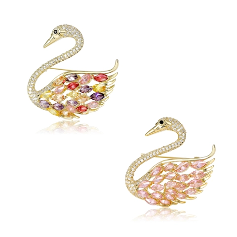Elegante Broche de Cisne de Cobre para Mujer Micro-Incrustado Multicolor Rosa Circonia Forma de Animal para Traje Abrigo Joyería de Moda