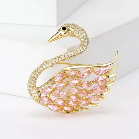 Elegante Broche de Cisne de Cobre para Mujer Micro-Incrustado Multicolor Rosa Circonia Forma de Animal para Traje Abrigo Joyería de Moda
