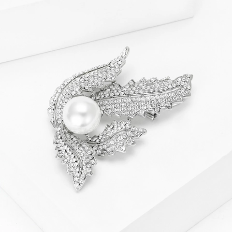Eleganter Versilberter Kupfer Blatt Brosche Anstecknadel Für Damen Mit Imitierter Künstliche Perle Strass Inlay Für Anzug Kleidung