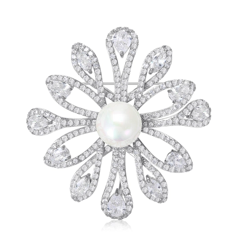Vintage Paleis Stijl Koperen Micro Ingelegd Zirconia Bloem Broche Elegante Zoetwaterparel Bloemen Pak Corsage Dames Sieraden