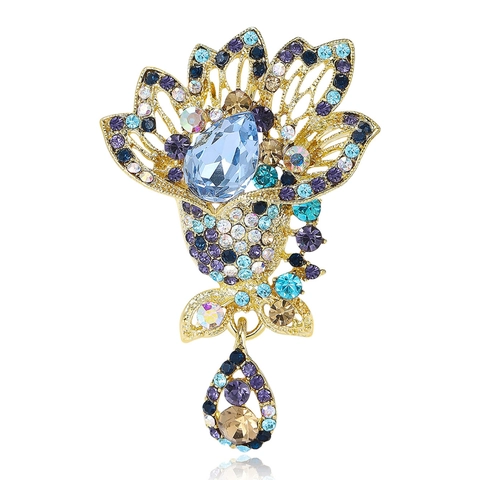 Luxury Alloy Floral Brooch For Women Gold Plated Multi-Color Rhinestone Tulip Flower Breastpin With Dangle Pendant Wedding Jewelry