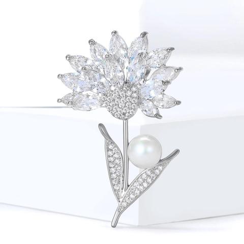 Elegante Broche de Flor con Zirconia y Perla Artificial para Mujer Aleación de Cobre Broche Floral para Boda Banquete Joyería Accesorios