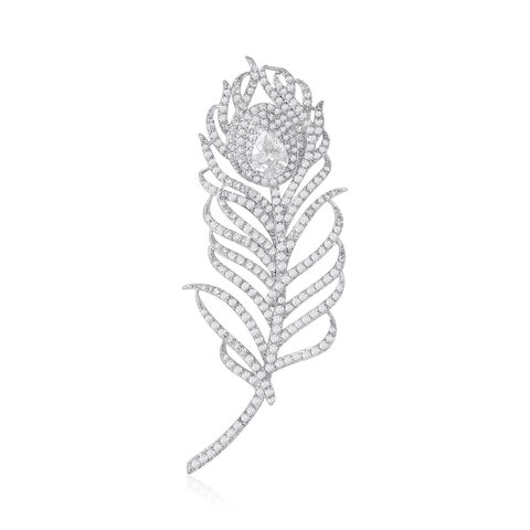Spilla in Rame a Forma di Piuma con Zirconia Elegante Micro-Intarsiata Gioielli di Moda per Donna Accessorio per Blazer