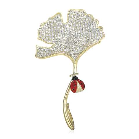 Elegante Spilla a Foglia di Ginkgo in Rame Con Zirconia Colori Sfumati Verde Oro Spilla a Coccinella per Donna Gioielli di Moda