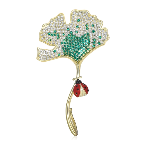 Elegante Spilla a Foglia di Ginkgo in Rame Con Zirconia Colori Sfumati Verde Oro Spilla a Coccinella per Donna Gioielli di Moda