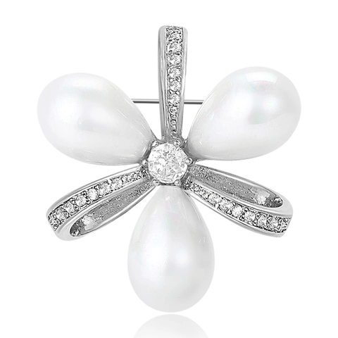 Eleganter Blumen Schleife Perlen Brosche Für Damen Kupfer Strass Eingelegt Mode Reversnadel Hochzeit Bankett Schmuck Zubehör
