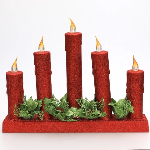 Red Glitter LED Christmas Candle Bridge Ornament Battery Operated Flameless Candle Arch With Holly Decoration Festive Desktop Decor