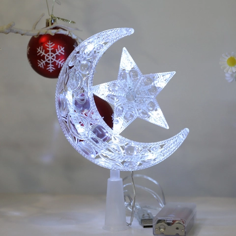 Puntale per Albero di Natale a LED Stella e Luna Luce Ornamentale in Plastica Con Doppia Alimentazione USB Batteria
