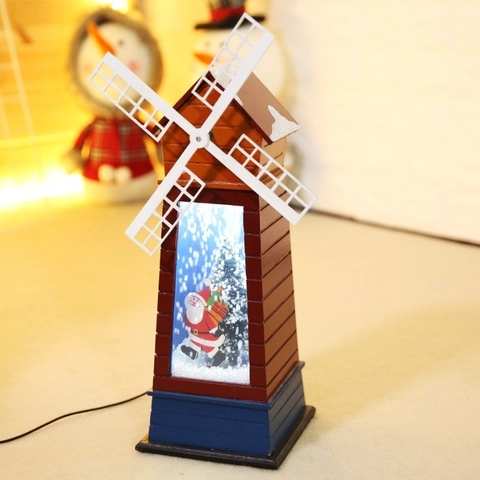 Vintage Bois Noël Père Noël Moulin à Vent Maison Décoration Lumière Électrique Rotatif Lumineux Neige Musique Cadeau