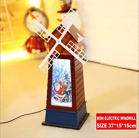 Vintage Bois Noël Père Noël Moulin à Vent Maison Décoration Lumière Électrique Rotatif Lumineux Neige Musique Cadeau