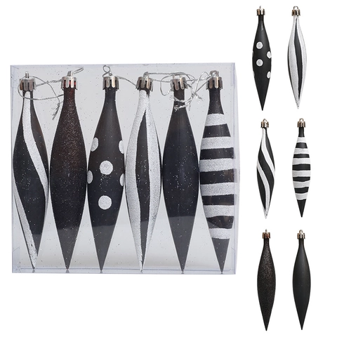 6-teiliges Set Weihnachtsschmuck Schwarz Weiß Spindelform Kunststoff Weihnachtsbaum Hängende Dekorationen Für Feiertage Haus