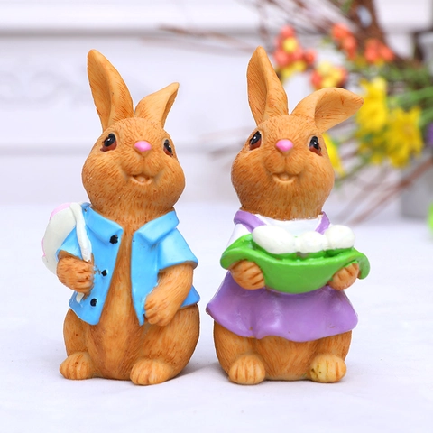 Statues de Lapin de Pâques Figurines de Lapereau en Résine Paire Décoration Maison Jardin Ornements de Table Rétro Pastorale