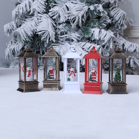 Lanterne de Noël Vintage en Plastique Paillettes d'Eau LED Boule à Neige Veilleuse Décoration Maison Père Noël Bonhomme de Neige Sapin