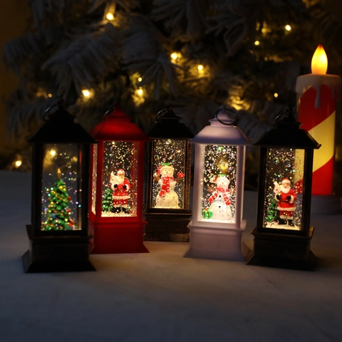 Lanterne de Noël Vintage en Plastique Paillettes d'Eau LED Boule à Neige Veilleuse Décoration Maison Père Noël Bonhomme de Neige Sapin
