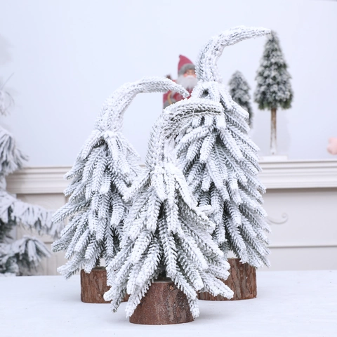 Mini Beflockter Weihnachtsbaum Mit Schneeeffekt Gebogene Spitze Desktop Dekoration Naturholzsockel Nordischer Stil Xmas Geschenk