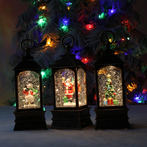 Linterna de Navidad de Bronce Vintage LED Iluminada Agua Purpurina Bola de Nieve Papá Noel Muñeco de Nieve Árbol Adorno Mesa