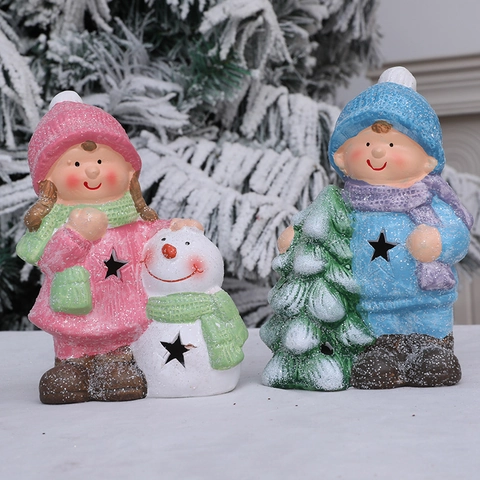 Light Up Christmas Ceramic Doll Ornament Star Hollow Glowing Snowman Tree Winter Holiday Xmas Home Decor Tabletop Statue Gift