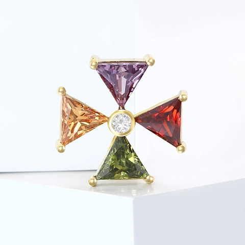 Lussuosa Spilla a Croce in Rame Placcato Oro con Zirconia Colorata Piccola Spilla da Bavero Donna Accessorio per Vestiti Gioiello