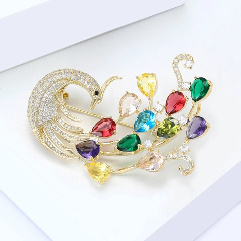 Vintage Kupfer Mikro-eingelegt Strass Pfau Brosche Für Damen Bunte Birnenform Edelstein Phönix Reversnadel Schmuck Zubehör