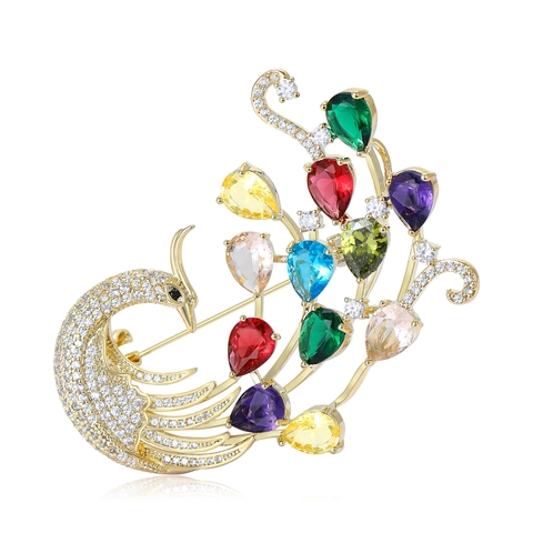 Vintage Kupfer Mikro-eingelegt Strass Pfau Brosche Für Damen Bunte Birnenform Edelstein Phönix Reversnadel Schmuck Zubehör