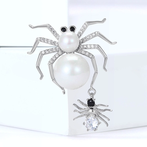 Halloween Spider Brooch For Women Men Copper With Zirconia And Artificial Pearl Elegant Suit Pin Fashion Jewelry Gift
