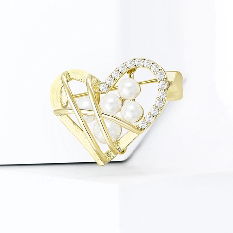 Elegante Spilla a Cuore per Donna Rame Placcato Oro Argento Con Micro Zirconi Intarsiati Künstliche Perle Sintetiche Gioiello a Cuore