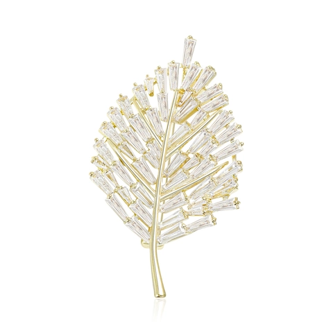 Elegant Copper Leaf Brooch For Women With Baguette Cut Zirconia Inlaid Luxury Suit Coat Pin Fashion Jewelry Wedding Banquet Accessory