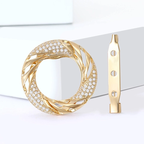 Fashion Simple Round Zirconia Brooch Gold Copper Scarf Buckle For Women Luxury Geometric Micro Inlaid Daily Office Jewelry