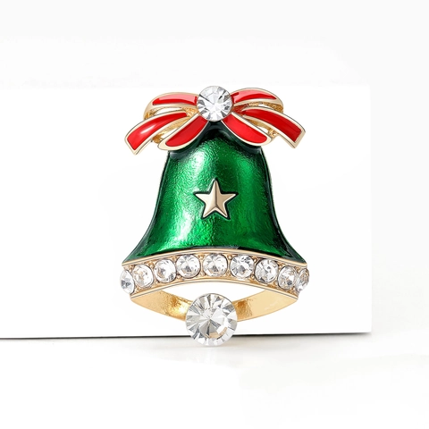 Broche de Campana de Navidad de Aleación con Diamantes de Imitación y Esmalte Lazo Estrella Joyería para Mujer Fiesta Regalo Verde Rojo Oro