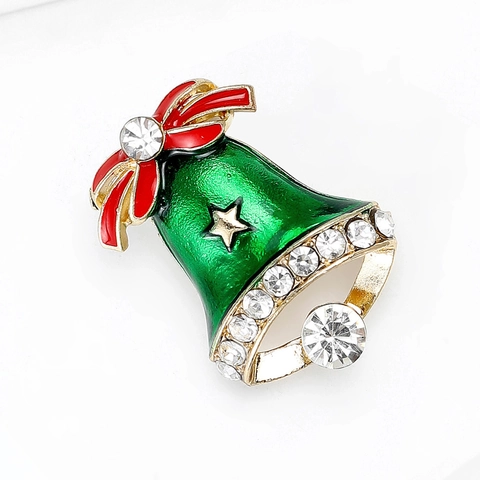 Exquisito Broche de Aleación de Campana de Navidad con Diamantes de Imitación para Mujer Lazo Rojo Esmalte Verde Alfiler Incrustado Joyería de Moda Regalo