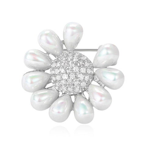 Elegante Broche de Flor de Cobre Con Circonia Microincrustada y Pétalos de Perla Artificial Joyería Floral para Mujer